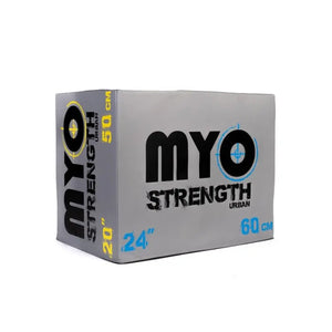The MYO Strength 3-in-1 Soft Plyometric Jump Box offers 20”, 24”, and 30” heights for versatile jump training. This commercial-grade, large gray plyo box features color-coded text on each side for easy height identification.