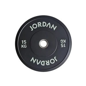 A 5kg JORDAN Rubber Bumper Plate, high-drop tested Olympic weight plate, black with “Jordan” in white lettering around the center hole, shown on a white background.