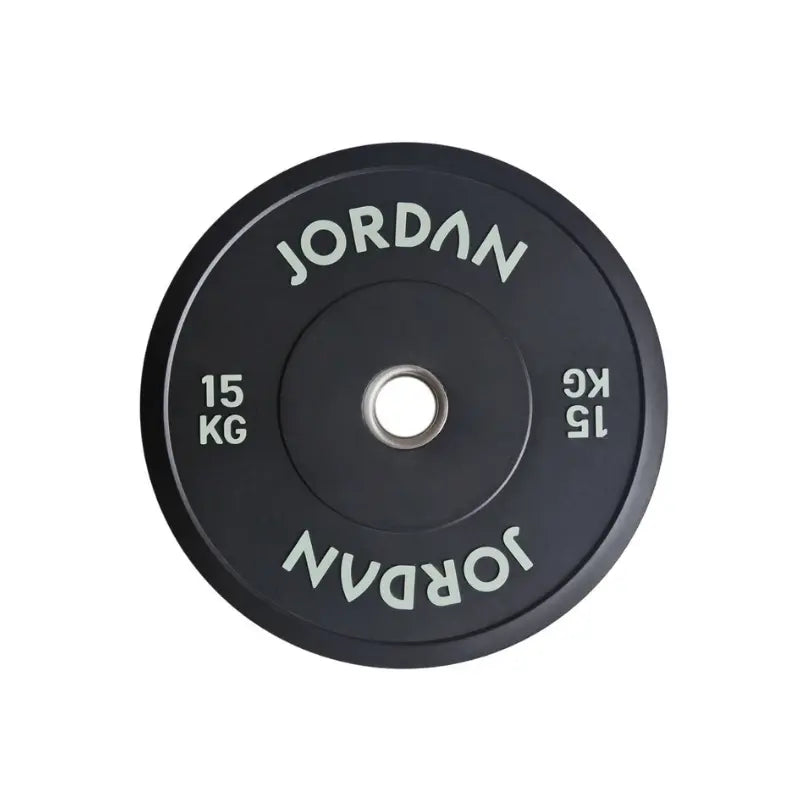 A 5kg JORDAN Rubber Bumper Plate, high-drop tested Olympic weight plate, black with “Jordan” in white lettering around the center hole, shown on a white background.