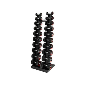 The JORDAN Vertical Dumbbell Storage Racks by Jordan are black, metal, freestanding stands with two bases and slots for 10 or 12 pairs—perfect for organized gyms needing space-saving dumbbell storage.