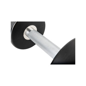 Close-up of a dumbbell with black ends and silver grip on a white background