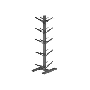 The Jordan Medicine/Slam Ball Storage Rack holds up to 10 balls, featuring a black metal vertical design with angled arms on each side and a sturdy base, ideal for organised storage in home or gym settings.