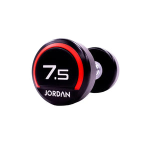 The JORDAN Premium Urethane Dumbbell, a commercial grade black dumbbell with red accents and a white "10" and "Jordan" logo on the end, is ideal for strength training and shown on a white background.