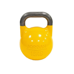 A pink 8kg JORDAN Competition Steel Kettlebell, BSI approved and colour-coded with a black handle and "JORDAN" plus "8KG" embossed on the front, isolated on a white background.