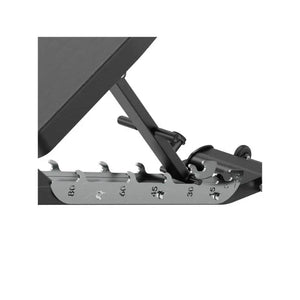 The Attack Fitness Attack Strength Adjustable Bench – Commercial FID Bench with Hip Thrust Pad & Locking Bar is shown in black and silver, featuring a padded seat and backrest in an inclined position on a white background.