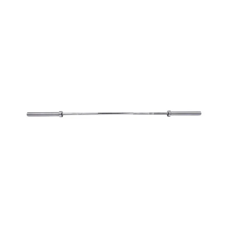 Close-up of the end of a silver Jordan Ultimate Olympic Bar—competition standard, 20kg, 28mm—showing a black cap with the brand name. The barbells durable shaft fades out of focus.
