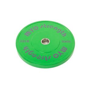 A green MYO Strength Coloured Rubber Bumper Plate (10kg/22lb) with purple text and a metal center hole, part of the Olympic Standard colour-coded range (2.5kg–25kg) by MYO Strength.