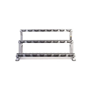 Black metal shelf with multiple levels on a white background