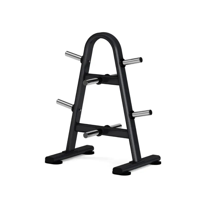 The Attack Fitness Attack Strength Weight Plate Tree – Olympic Plate Storage Rack features eight chromed horns for plate storage, making it ideal commercial gym equipment. Shown here standing on a white background.