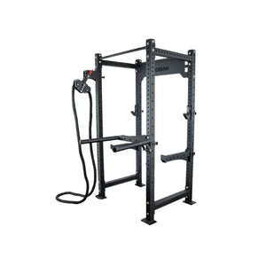 The JORDAN HELIX Fixed Power Rack by Jordan is a black metal rack with four uprights, multiple adjustment holes, a pull-up bar, sturdy rectangular frame, and J-Hooks—perfect for garage gyms or heavy-duty strength stations.