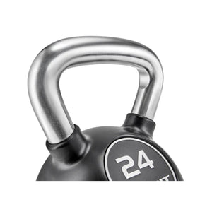 Kettlebell with a silver handle and black base displaying the number 24 on a white background