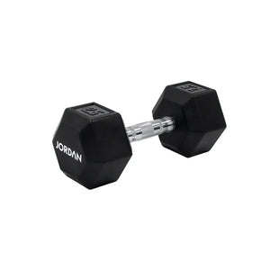 A single black JORDAN Urethane HEX Dumbbell with a silver handle rests on a white surface. Branded "Jordan," this durable, anti-roll weight offers versatile use and stability for lasting gym performance.