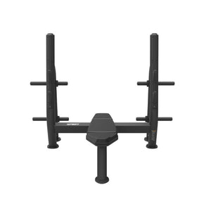Black weightlifting bench with adjustable arms on a white background