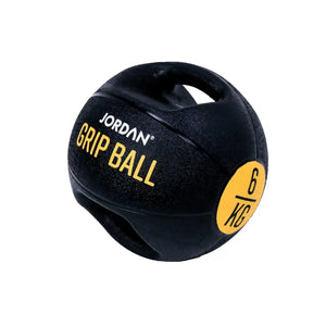 The JORDAN Double-Grip Medicine Ball by Jordan features two handles, black color with red accents, labeled GRIP BALL and 10 KG—ideal for functional training, core conditioning, strength training, and fitness exercises.