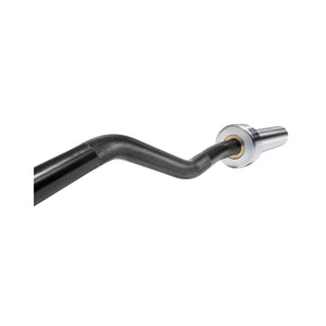 A close-up of a black, textured EZ curl barbell with a knurled grip and a silver rotating sleeve, isolated on a white background.