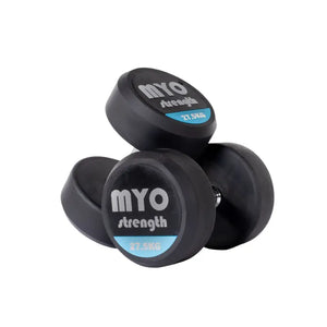 Two MYO Strength Rubber Dumbbells, each labeled 10 KG in black, white, and blue on the end, feature silver handles and a noise-reducing design. Durable and colour-coded, they are shown on a white background.