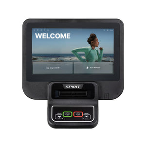 Fitness equipment console with digital display and control buttons on a white background