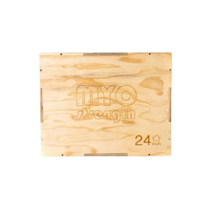 The MYO Strength 3-in-1 Wooden Plyometric Jump Box offers 20", 24", and 30" heights, visible wood grain, side handles, and engraved numbers—ideal for versatile jump training and fitness routines.