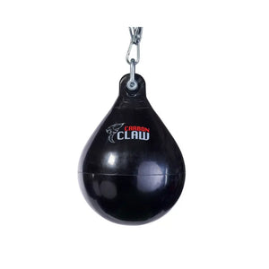 The Carbon Claw Aero AX5 Series Water Bag (15", 30kg) is a black, teardrop-shaped bag made from marine-grade PVC with a metal hook and the Carbon Claw logo, perfect for realistic body punch training.