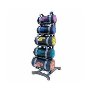 The Jordan JORDAN Sandbag Storage Rack – 5-Slot Heavy-Duty Organiser is a black vertical gym rack with five horizontal pegs for weight plates and sandbags, standing on a sturdy wide base—ideal for efficient fitness space management.