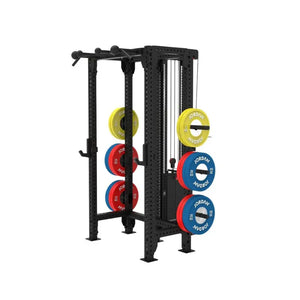 The JORDAN J75 Adjustable T Rack Cable Machine is a black all-in-one pulley and power rack system with Jordan-branded blue and red weight plates—perfect for versatile strength training using cables, pulleys, and bars.