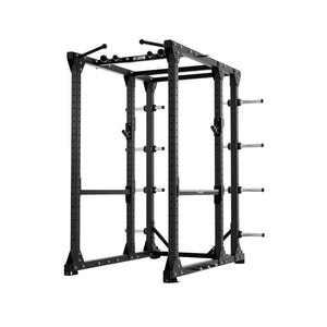 The Exigo E80 Elite Power Rack is a freestanding power rack with a black metal frame, pull-up bars, safety bars, and plate storage—ideal commercial gym equipment for weightlifting and strength training.