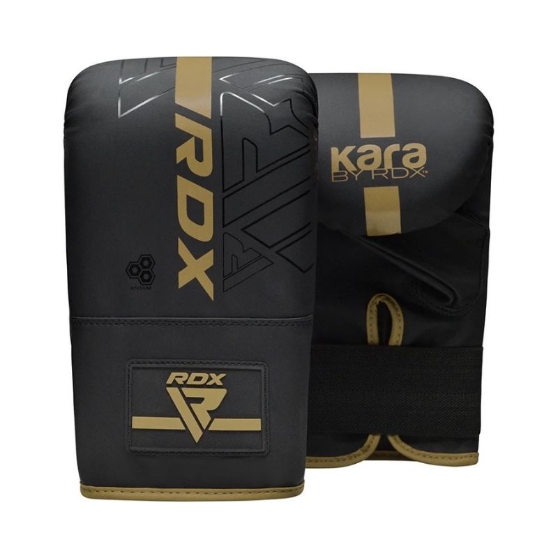 Two black and gold RDX - Kara F6 Bag Mitts with RDX branding on the top and wrist, side by side on white—ideal for heavy bag training and superior impact protection.