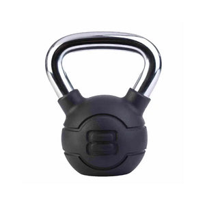The Jordan Chrome/Rubber Kettlebells – 4kg to 24kg set features a black kettlebell with a chrome handle and "24" embossed on the front. Its durable rubber coating offers added protection, making it ideal for kettlebell enthusiasts. Plain white background.