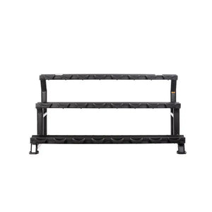 Black metal shelf with multiple levels on a white background