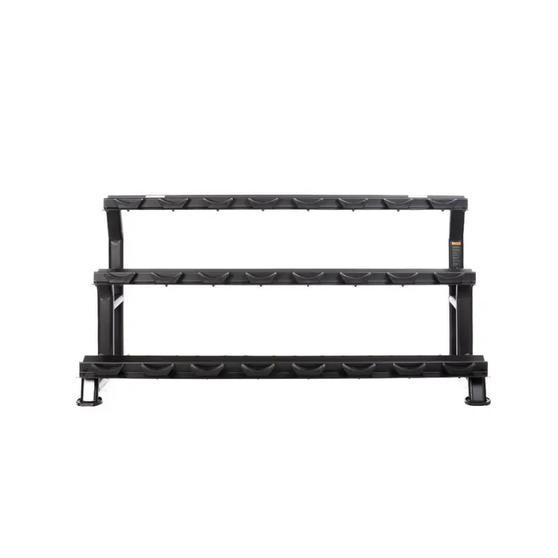 Black metal shelf with multiple levels on a white background
