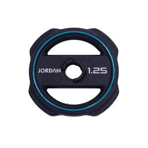 The JORDAN Ignite Pump X™ Rubber Studio Set by Jordan features a black barbell with round, color-rimmed, textured grip plates labeled with their weights, all set against a white background. Sleek design. Studio ready.