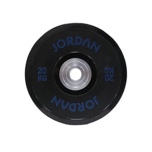 The JORDAN Urethane Olympic Competition Plate by Jordan is a black plate with blue "JORDAN" lettering and "20 KG," featuring competition-grade accuracy and a silver centre hole for barbell mounting.
