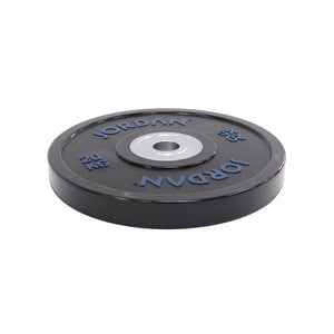 The JORDAN Urethane Olympic Competition Plate by Jordan is a black plate with blue "JORDAN" lettering and "20 KG," featuring competition-grade accuracy and a silver centre hole for barbell mounting.