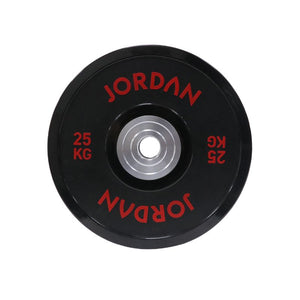 The JORDAN Urethane Olympic Competition Plate by Jordan is a black plate with red "JORDAN" lettering and "25 KG," featuring competition-grade accuracy and a silver centre hole for barbell mounting.
