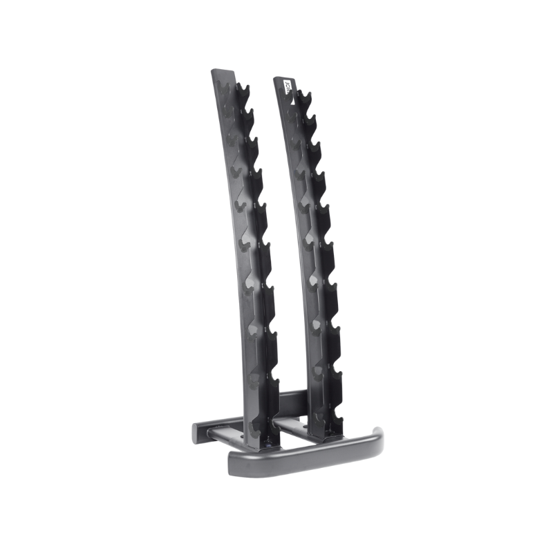 The JORDAN Vertical Dumbbell Storage Rack by Jordan features two curved black columns, a rectangular base, and multiple slots for 10 pairs (1–10kg / 2–20kg), offering space-saving storage against a white background.