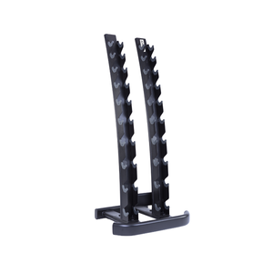 The JORDAN Vertical Dumbbell Storage Rack by Jordan features two curved black columns, a rectangular base, and multiple slots for 10 pairs (1–10kg / 2–20kg), offering space-saving storage against a white background.