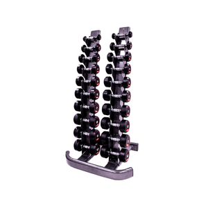 The JORDAN Vertical Dumbbell Storage Rack by Jordan features two curved black columns, a rectangular base, and multiple slots for 10 pairs (1–10kg / 2–20kg), offering space-saving storage against a white background.