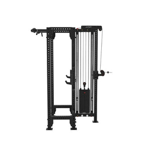 The JORDAN J75 Adjustable T Rack Cable Machine is a black all-in-one pulley and power rack system with Jordan-branded blue and red weight plates—perfect for versatile strength training using cables, pulleys, and bars.