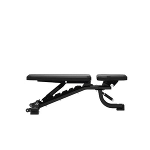 The JORDAN Adjustable Multi-Purpose Weight Bench by Jordan is shown inclined on a white background, featuring a padded backrest and seat, sturdy metal legs, and visible adjustment mechanisms for versatile workouts. Made in the UK.