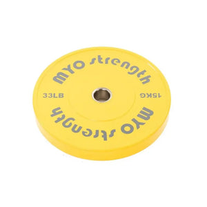 A green MYO Strength Coloured Rubber Bumper Plate (10kg/22lb) with purple text and a metal center hole, part of the Olympic Standard colour-coded range (2.5kg–25kg) by MYO Strength.
