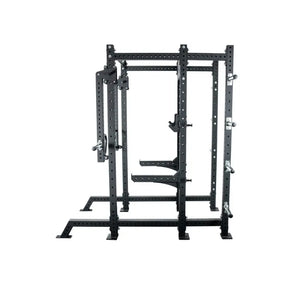 The JORDAN HELIX Fixed Power Rack by Jordan is a black metal rack with four uprights, multiple adjustment holes, a pull-up bar, sturdy rectangular frame, and J-Hooks—perfect for garage gyms or heavy-duty strength stations.