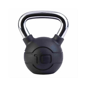 The Jordan Chrome/Rubber Kettlebells – 4kg to 24kg set features a black kettlebell with a chrome handle and "24" embossed on the front. Its durable rubber coating offers added protection, making it ideal for kettlebell enthusiasts. Plain white background.