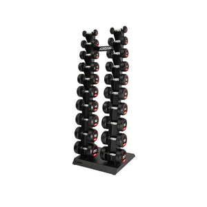 The JORDAN Vertical Dumbbell Storage Racks by Jordan are black, metal, freestanding stands with two bases and slots for 10 or 12 pairs—perfect for organized gyms needing space-saving dumbbell storage.