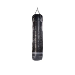 The Attack Fitness 5ft Leather Punch Bag in Black/Graphite Grey (60kg) hangs from a metal chain against a white background, ideal for boxing and MMA training.