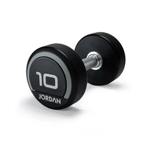 A black and silver Jordan Premium Urethane Dumbbell (commercial grade, 10kg) for strength training is shown on a white background, featuring the "Jordan" name and weight printed on the end.