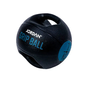 The JORDAN Double-Grip Medicine Ball by Jordan features two handles, black color with red accents, labeled GRIP BALL and 10 KG—ideal for functional training, core conditioning, strength training, and fitness exercises.