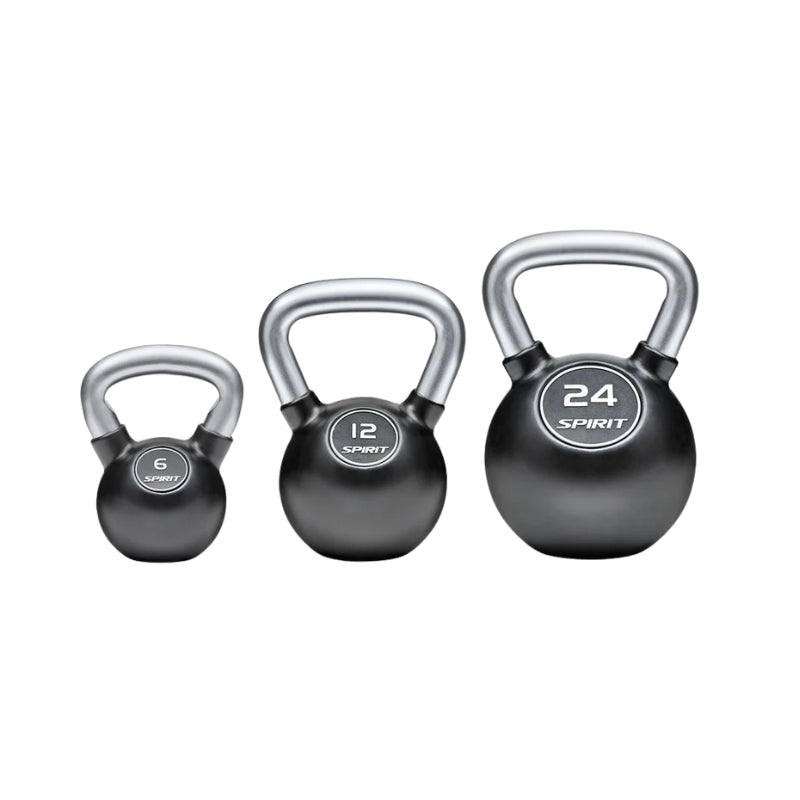 Three black kettlebells with silver handles on a white background, labeled 6, 12, and 24 pounds.