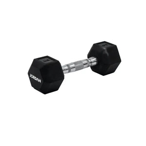 A single black JORDAN Urethane HEX Dumbbell with a silver handle rests on a white surface. Branded "Jordan," this durable, anti-roll weight offers versatile use and stability for lasting gym performance.