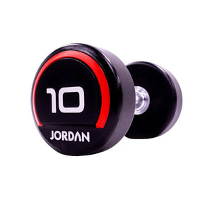 The JORDAN Premium Urethane Dumbbell, a commercial grade black dumbbell with red accents and a white "10" and "Jordan" logo on the end, is ideal for strength training and shown on a white background.