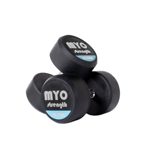 Two MYO Strength Rubber Dumbbells, each labeled 10 KG in black, white, and blue on the end, feature silver handles and a noise-reducing design. Durable and colour-coded, they are shown on a white background.